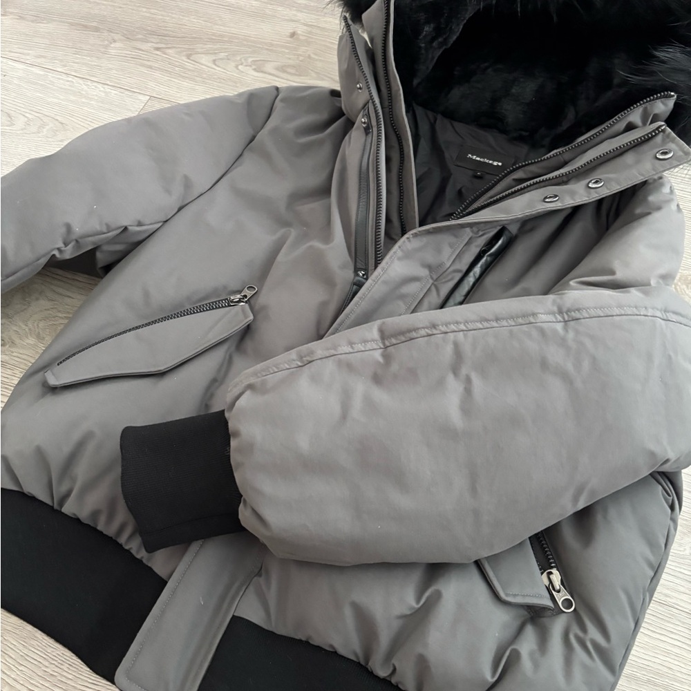 Mackage Gray Bomber Jacket with Black Fur Trim - Picture 3 of 8